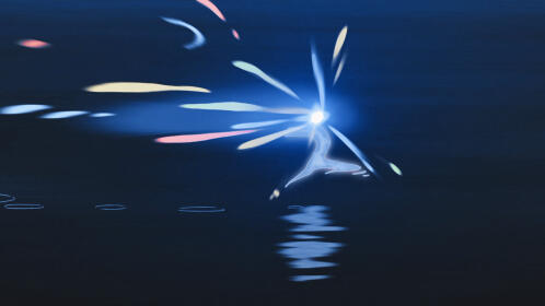 And one final screenshot from Howl's Moving Castle. A falling star skitters across the top of a lake with a vaguely-human form.